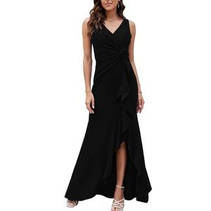 Lsisi Long Black Elegant Sleeveless V Neck Formal Evening Gown With A Split